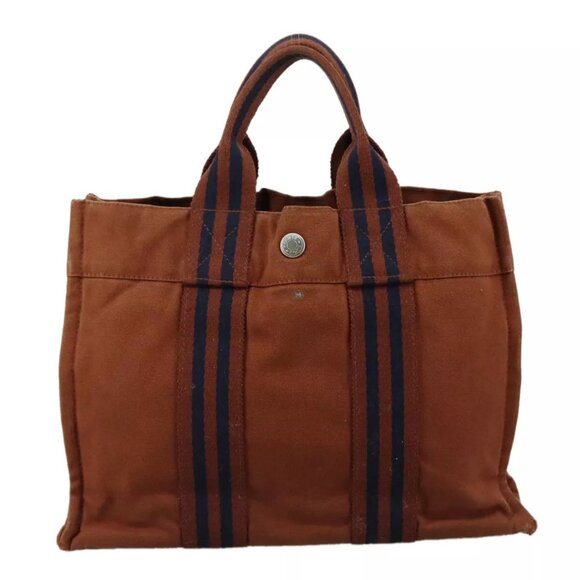 HERMES Tote Bag Canvas Brown Silver Auth - Picture 1 of 16